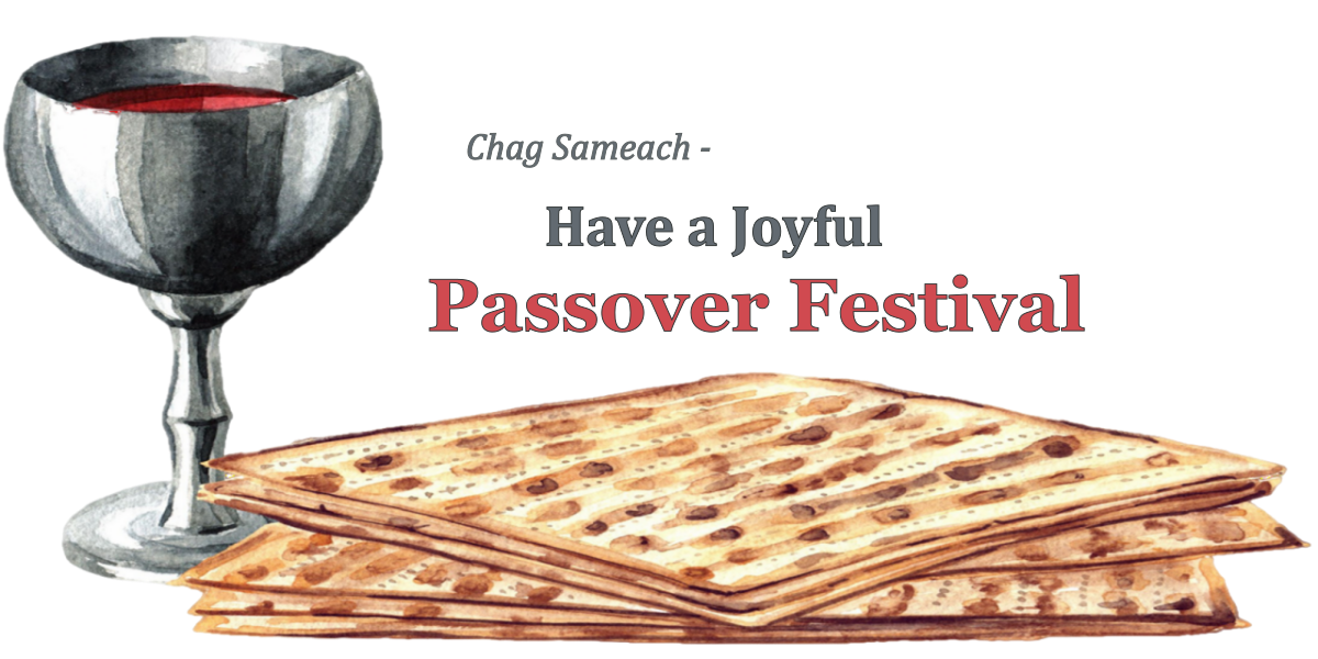 Matza and cup of wine with words 'have a joyous passover festival'